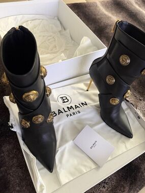 Balmain Black Leather Pointed Stiletto Ankle Boots with Gold Medallions